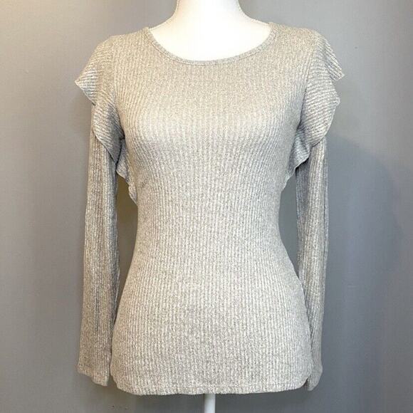 NWOT Lucky Brand Gray Ribbed Flutter Sleeve Top - Picture 1 of 7